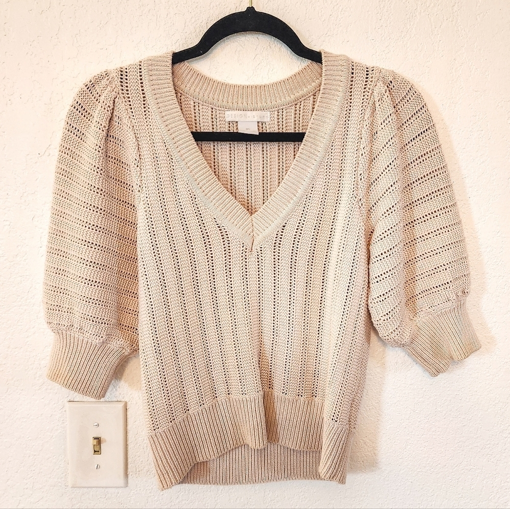Design History Evereve Cream V-Neck Crochet Sweater Size XS Cortagecore Prairie